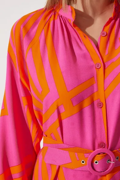 Happiness İstanbul Women's Orange Belted Oversize Summer Viscose Dress