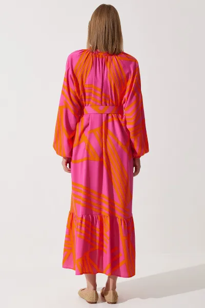 Happiness İstanbul Women's Orange Belted Oversize Summer Viscose Dress
