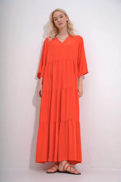 Trend Alaçatı Stili Women's Orange V-Neck Front Lace-Up Layered Flounced Woven Viscose Dress