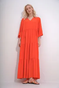 Trend Alaçatı Stili Women's Orange V-Neck Front Lace-Up Layered Flounced Woven Viscose Dress