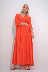 Trend Alaçatı Stili Women's Orange V-Neck Front Lace-Up Layered Flounced Woven Viscose Dress