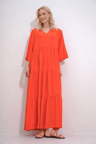 Trend Alaçatı Stili Women's Orange V-Neck Front Lace-Up Layered Flounced Woven Viscose Dress