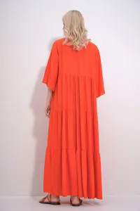 Trend Alaçatı Stili Women's Orange V-Neck Front Lace-Up Layered Flounced Woven Viscose Dress