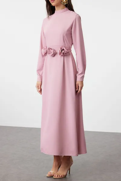Trendyol Dusty Rose Belted Rose Detailed Satin Woven Dress
