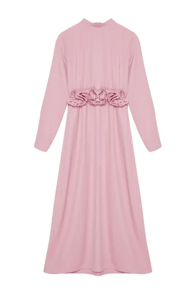 Trendyol Dusty Rose Belted Rose Detailed Satin Woven Dress