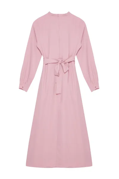 Trendyol Dusty Rose Belted Rose Detailed Satin Woven Dress