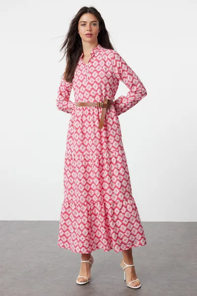 Trendyol Fuchsia Belted Skirt Flounced Floral Patterned Lined Woven Dress