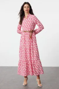 Trendyol Fuchsia Belted Skirt Flounced Floral Patterned Lined Woven Dress