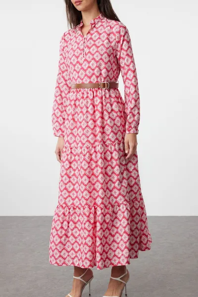 Trendyol Fuchsia Belted Skirt Flounced Floral Patterned Lined Woven Dress