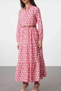 Trendyol Fuchsia Belted Skirt Flounced Floral Patterned Lined Woven Dress