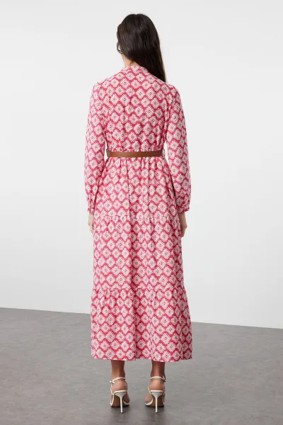 Trendyol Fuchsia Belted Skirt Flounced Floral Patterned Lined Woven Dress