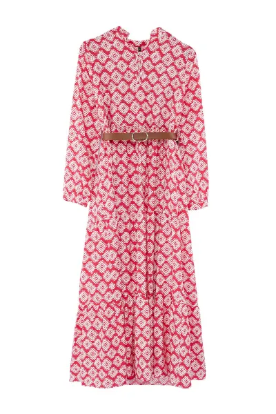 Trendyol Fuchsia Belted Skirt Flounced Floral Patterned Lined Woven Dress