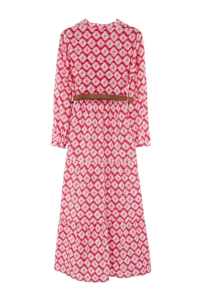 Trendyol Fuchsia Belted Skirt Flounced Floral Patterned Lined Woven Dress
