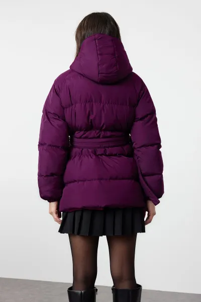 Trendyol Plum Regular Hooded Belted Water Repellent Puffer Jacket
