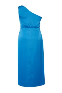 Trendyol Curve Saxe Satin Chic Asymmetrical Single Sleeve Long Woven Dress