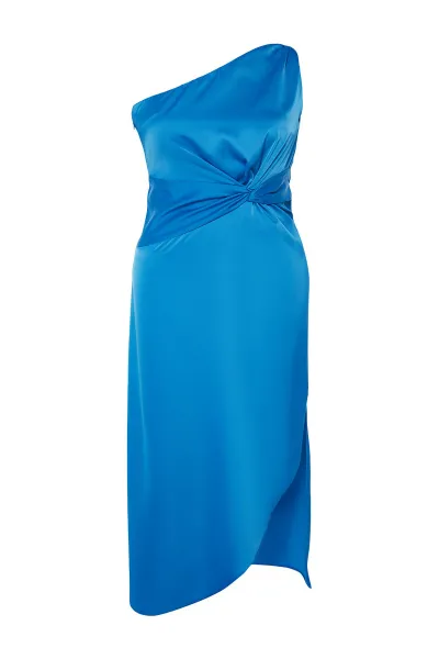 Trendyol Curve Saxe Satin Chic Asymmetrical Single Sleeve Long Woven Dress