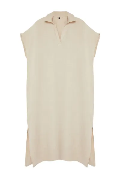 Trendyol Curve Cream Shirt Collar Slit Woven Plus Size Dress