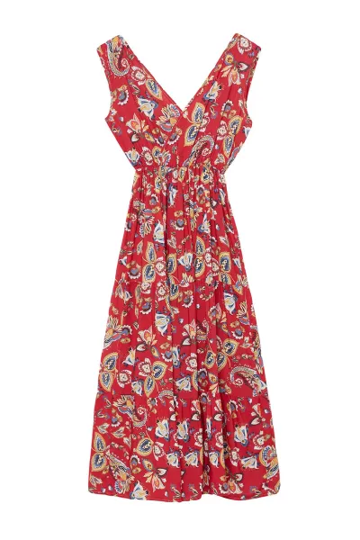 Trendyol Red Ethnic A-Line Double Breasted Neck Viscose Woven Dress