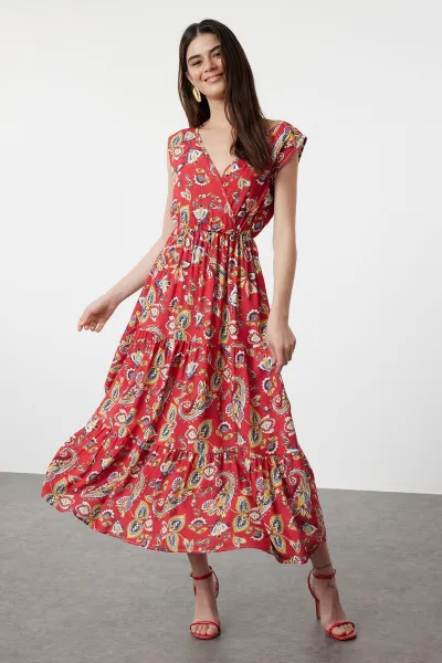 Trendyol Red Ethnic A-Line Double Breasted Neck Viscose Woven Dress