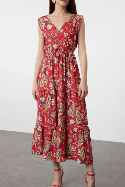 Trendyol Red Ethnic A-Line Double Breasted Neck Viscose Woven Dress