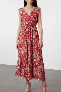 Trendyol Red Ethnic A-Line Double Breasted Neck Viscose Woven Dress