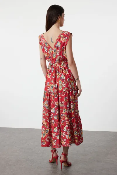 Trendyol Red Ethnic A-Line Double Breasted Neck Viscose Woven Dress