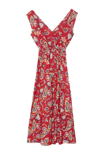 Trendyol Red Ethnic A-Line Double Breasted Neck Viscose Woven Dress