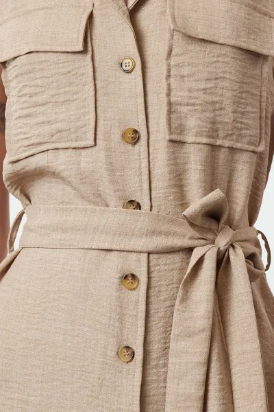 Trendyol Brown Belted Linen Look Mini Woven Shirt Dress