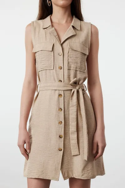 Trendyol Brown Belted Linen Look Mini Woven Shirt Dress