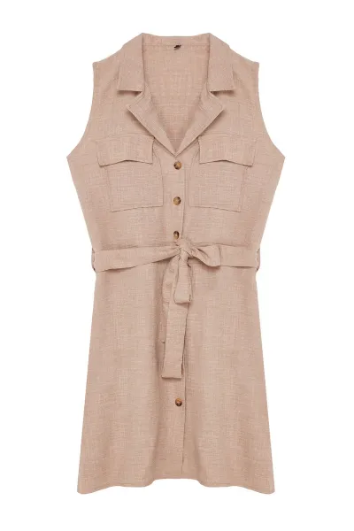 Trendyol Brown Belted Linen Look Mini Woven Shirt Dress