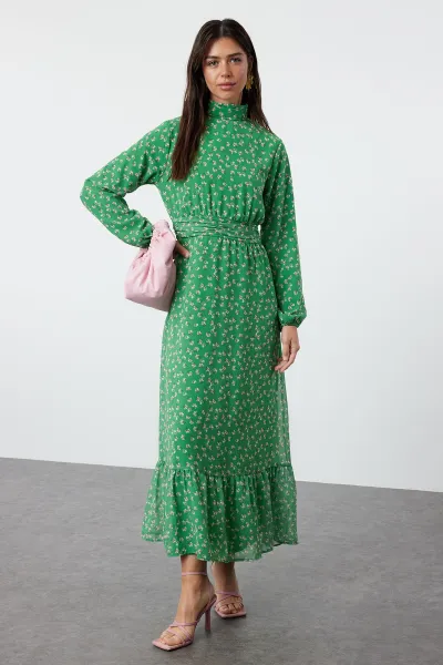 Trendyol Green Floral High Collar Waist Detailed Lined Chiffon Woven Dress