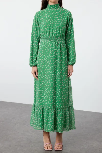 Trendyol Green Floral High Collar Waist Detailed Lined Chiffon Woven Dress