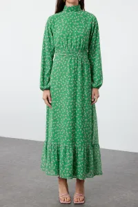 Trendyol Green Floral High Collar Waist Detailed Lined Chiffon Woven Dress