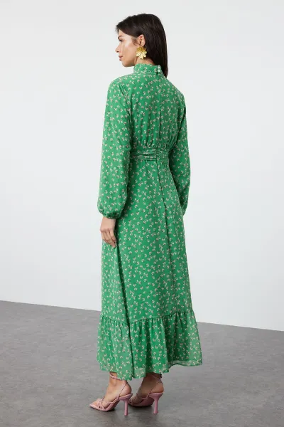 Trendyol Green Floral High Collar Waist Detailed Lined Chiffon Woven Dress