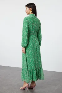 Trendyol Green Floral High Collar Waist Detailed Lined Chiffon Woven Dress