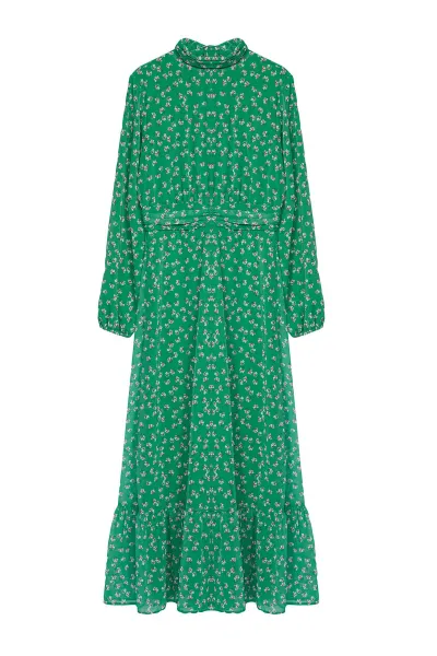 Trendyol Green Floral High Collar Waist Detailed Lined Chiffon Woven Dress