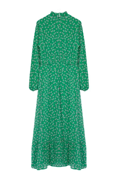 Trendyol Green Floral High Collar Waist Detailed Lined Chiffon Woven Dress