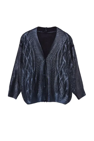 Trendyol Curve Navy Blue Coated Shiny/Gold Knitted Sweater Cardigan