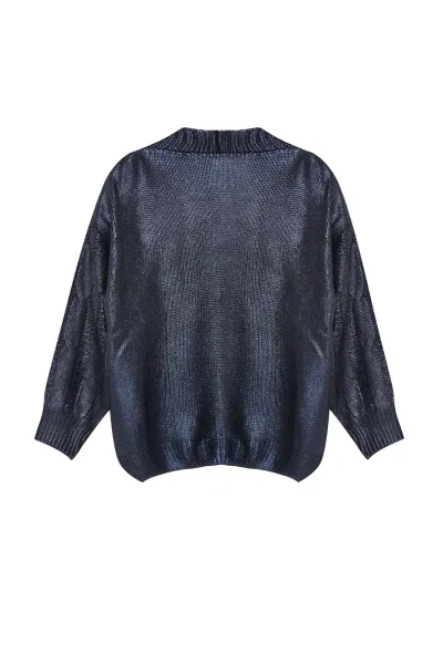 Trendyol Curve Navy Blue Coated Shiny/Gold Knitted Sweater Cardigan