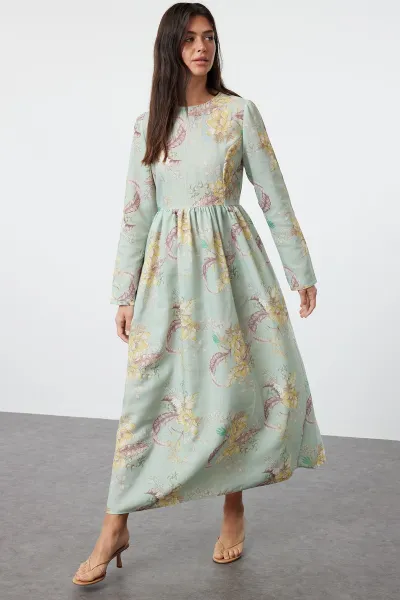 Trendyol Mint Floral Linen Look Woven Dress