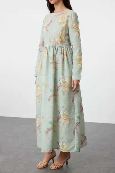 Trendyol Mint Floral Linen Look Woven Dress
