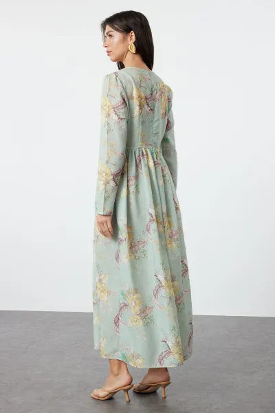 Trendyol Mint Floral Linen Look Woven Dress