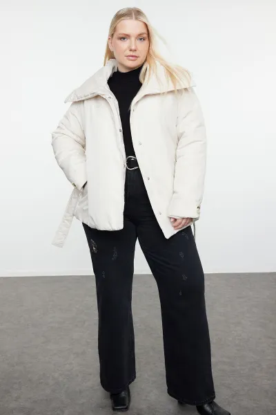 Trendyol Curve Ecru Regular Fit Wide Collar Waist Tie Detailed Coat
