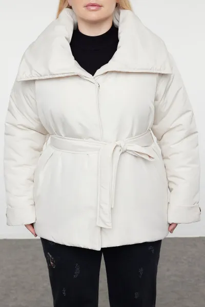 Trendyol Curve Ecru Regular Fit Wide Collar Waist Tie Detailed Coat