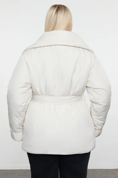Trendyol Curve Ecru Regular Fit Wide Collar Waist Tie Detailed Coat