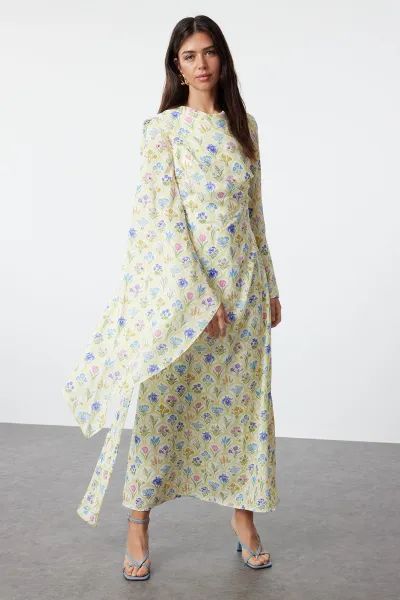 Trendyol Yellow Shawl Collar Floral Patterned Woven Evening Dress
