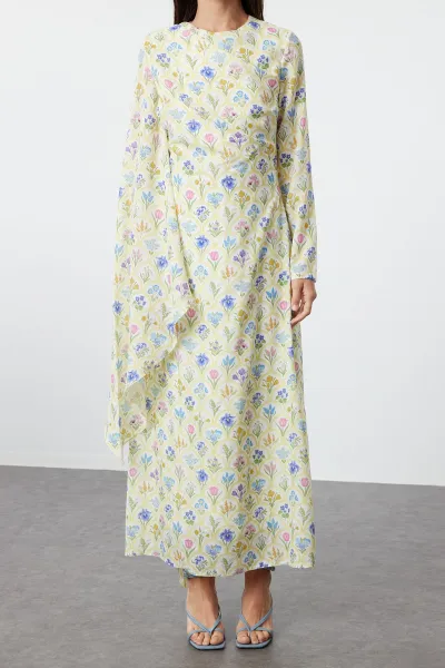 Trendyol Yellow Shawl Collar Floral Patterned Woven Evening Dress
