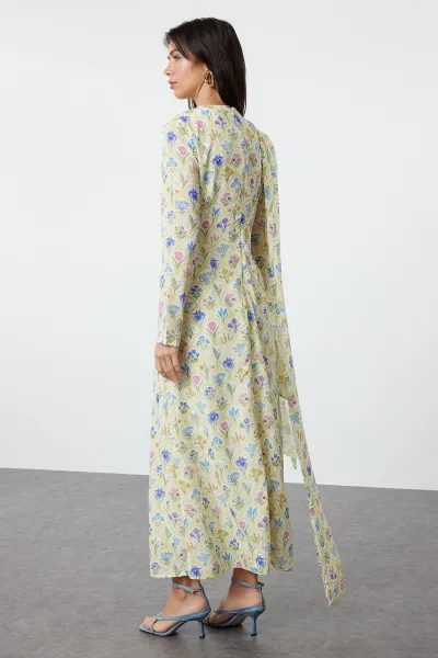 Trendyol Yellow Shawl Collar Floral Patterned Woven Evening Dress
