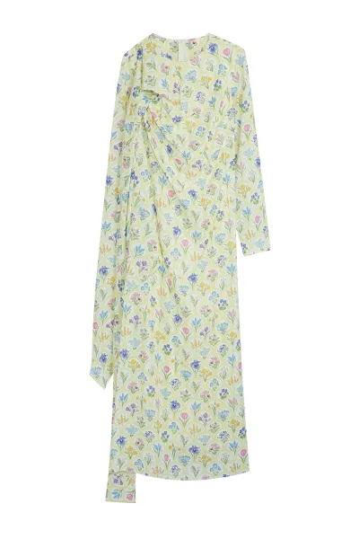 Trendyol Yellow Shawl Collar Floral Patterned Woven Evening Dress
