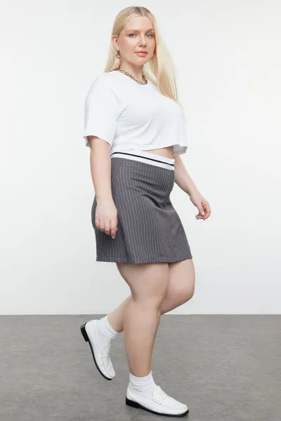Trendyol Curve Anthracite Waist Belt Detailed Mini Striped Woven Shorts Skirt